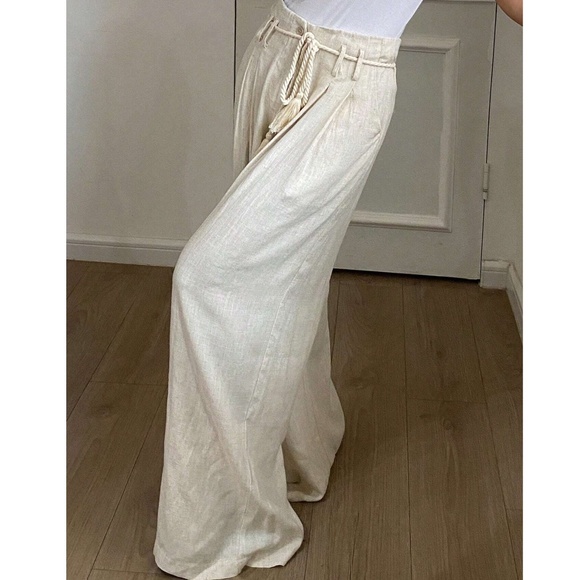 Classic Solid Wide Leg Linen Drawstring Waist Trouser Pants - Picture 4 of 9